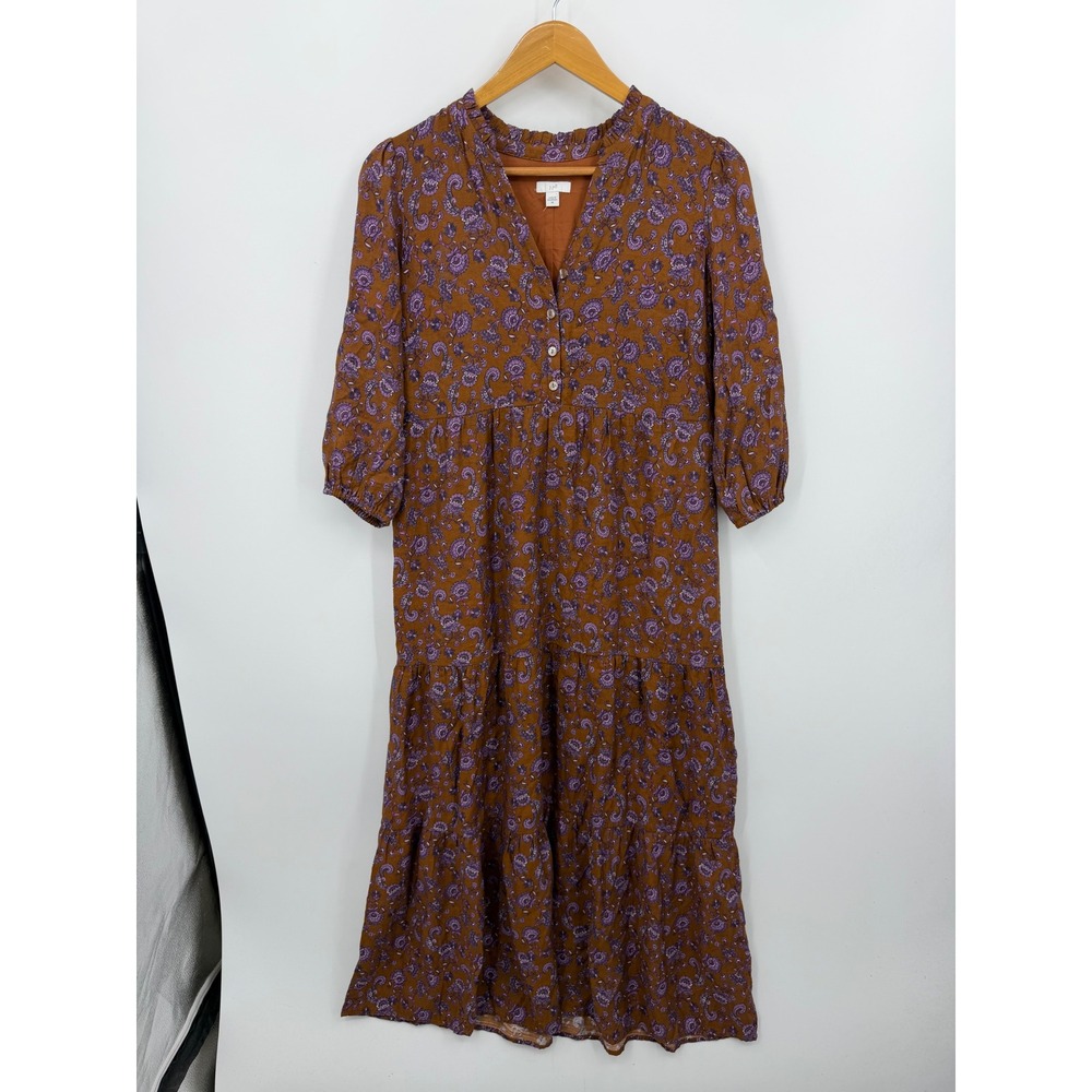 J. Jill Paisley Tiered Midi Dress Women XS Brown Purple Floral WDR272321